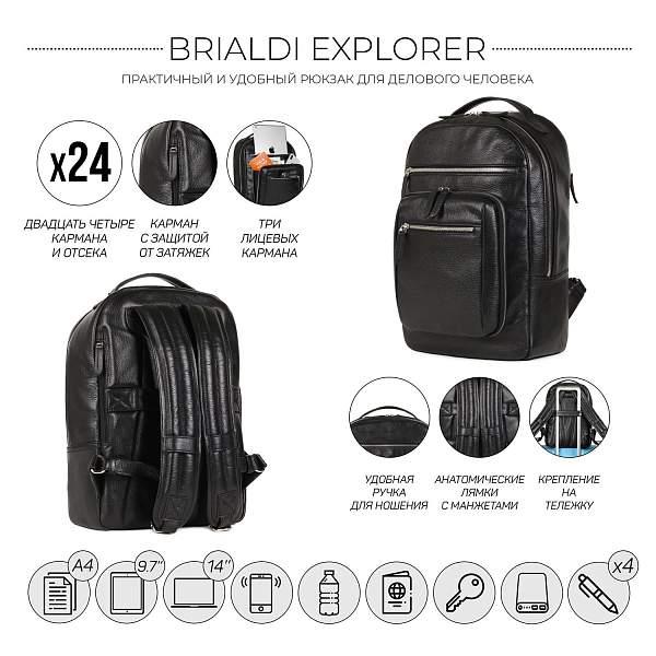 Стильный деловой рюкзак с 24 карманами и отделениями BRIALDI Explorer (Эксплорер) relief black BR37170AM Черный Brialdi, Артикул: BR37170AM фото №1