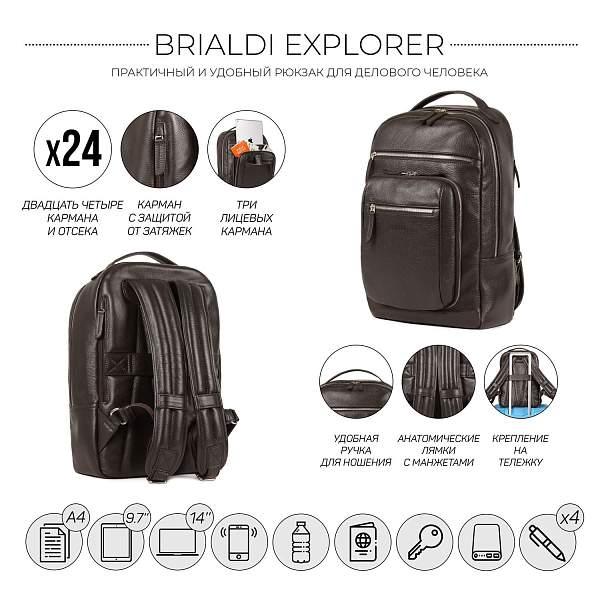 Стильный деловой рюкзак с 24 карманами и отделениями BRIALDI Explorer (Эксплорер) relief brown BR37171UR Коричневый Brialdi, Артикул: BR37171UR фото №1